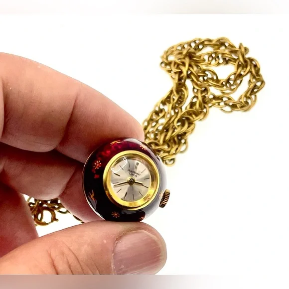 Vintage 1960s Signed Jean Perret Gold Tone Red Enamel Orb Necklace Watch Working - Picture 2 of 14